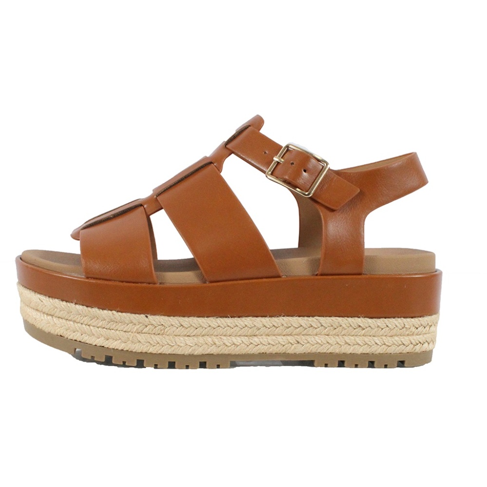 Tan Faux Leather Open Toe Espadrille Platform Wedge Sandal